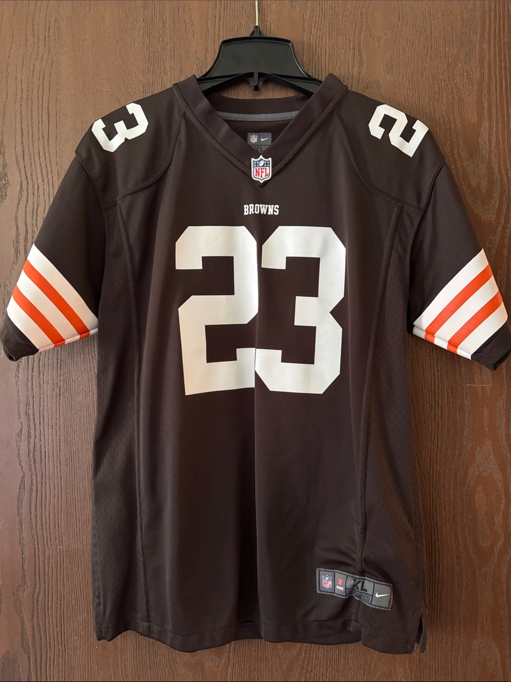 Nike Brown Cleveland Browns #23 Football Jersey with White & Orange Accents